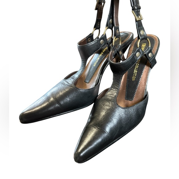 Bison Bisou collection black leather with gold/blk metallic heels, sz 7.5 - Picture 6 of 9